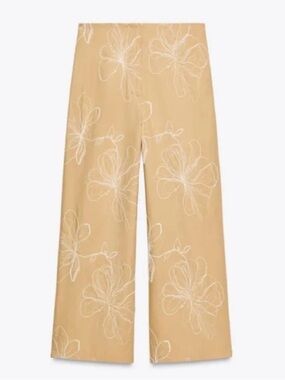 ZARA Embroidered Wide Leg Cropped Pants XL Beige Floral Boho Coastal Chic